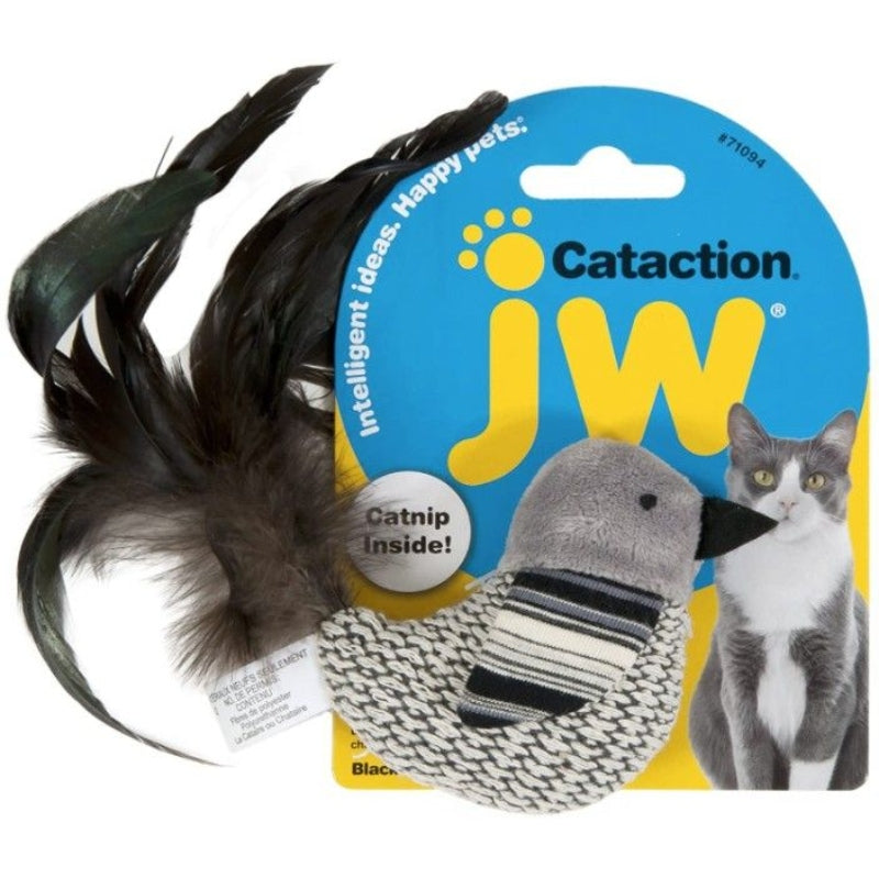 JW Pet Cataction Catnip Black And White Bird Cat Toy With Feather Tail - 1 count