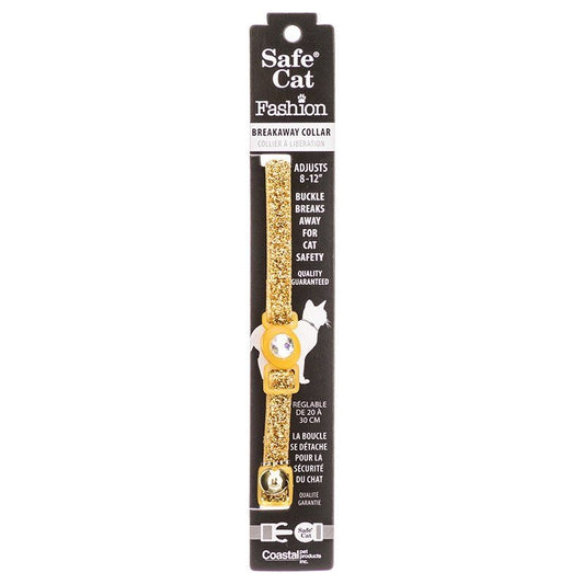 Safe Cat Jeweled Adjustable Breakaway Cat Collar - Gold Glitter - For Necks 8in.-12in. - (3 8in. Wide)